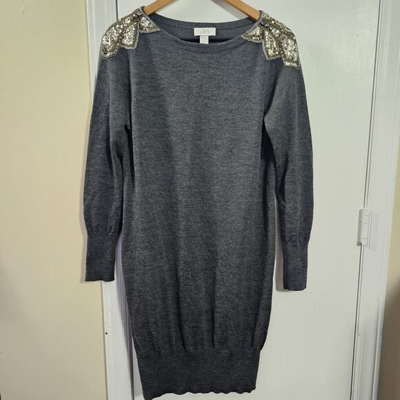 Ann Taylor Loft Gray Embellished Sequin Shoulder Long Sweater Sz Lg Wool Blend - Picture 1 of 7